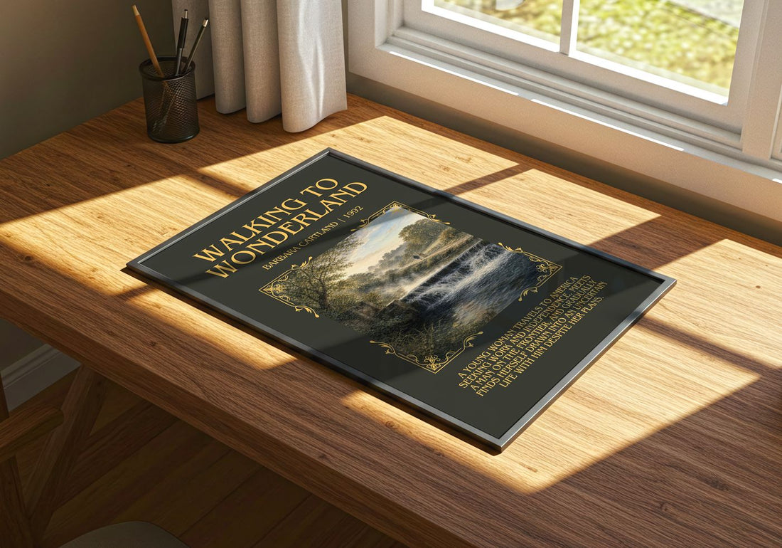 Walking To Wonderland Minimalist Book Poster by Barbara Cartland – print on a sunlit desk