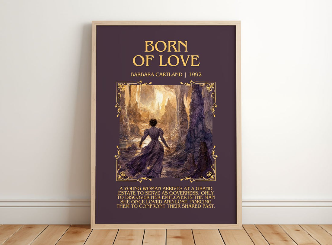 Born Of Love Minimalist Book Poster by Barbara Cartland – framed print leaning on a wooden floor