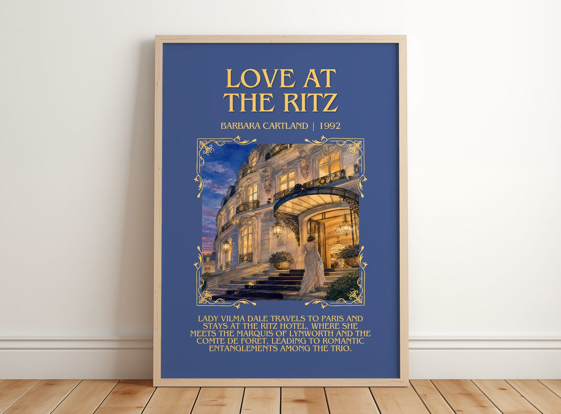 Love At The Ritz Minimalist Book Poster by Barbara Cartland – framed print leaning on a wooden floor
