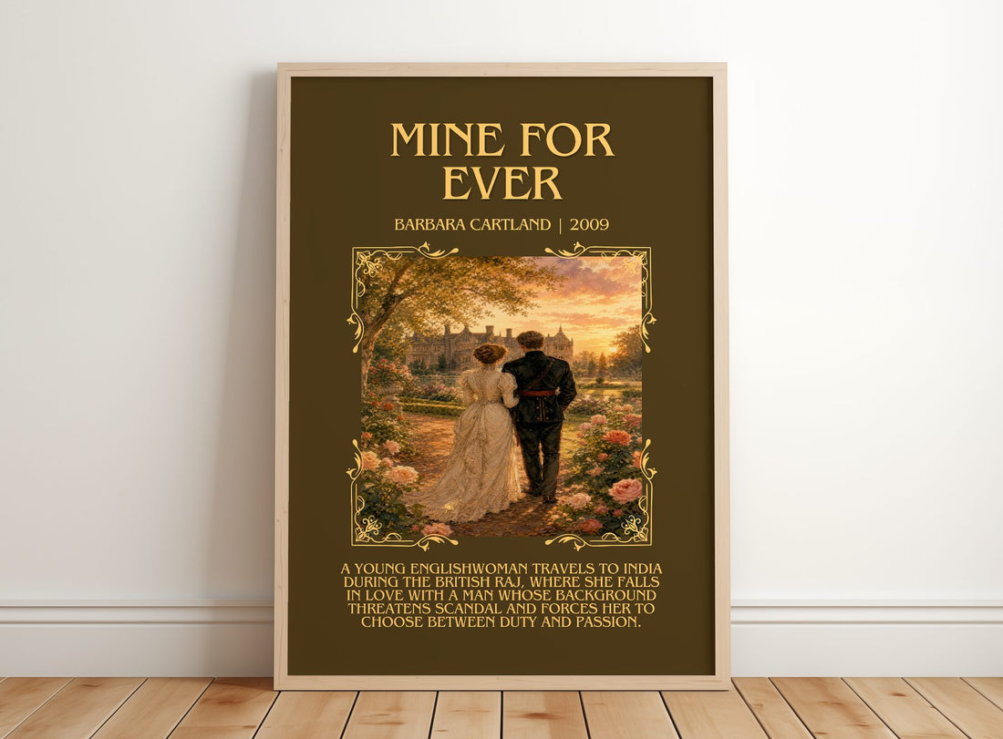Mine For Ever Minimalist Book Poster by Barbara Cartland – framed print leaning on a wooden floor
