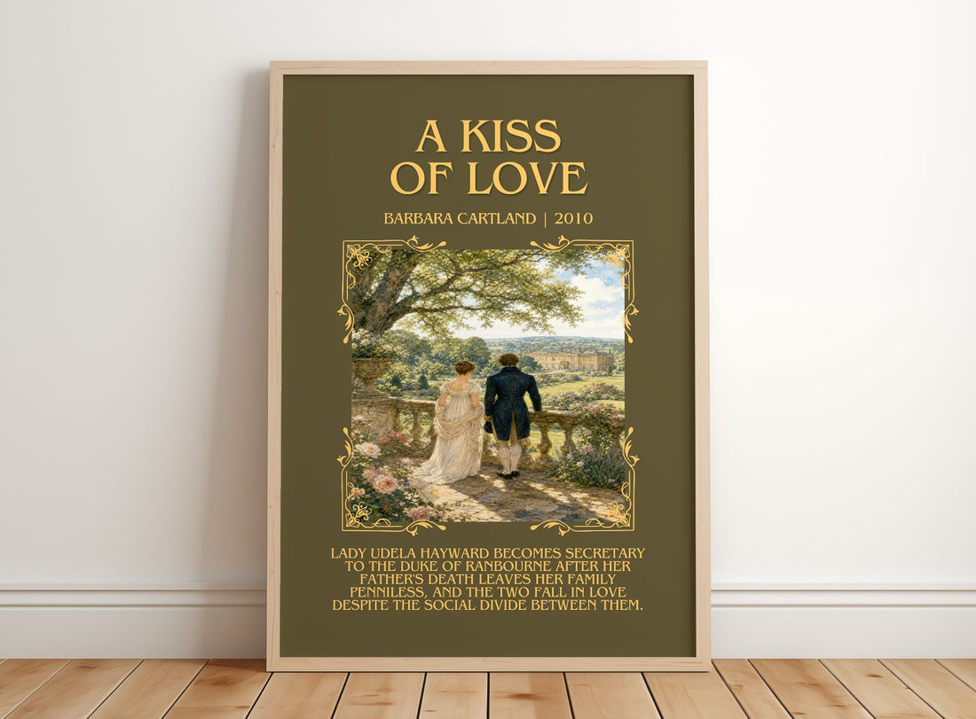 A Kiss Of Love Minimalist Book Poster by Barbara Cartland – framed print leaning on a wooden floor