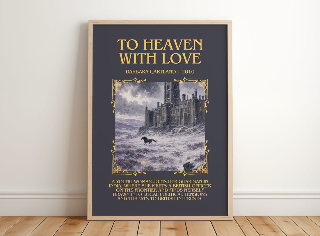 To Heaven With Love Minimalist Book Poster by Barbara Cartland – framed print leaning on a wooden floor