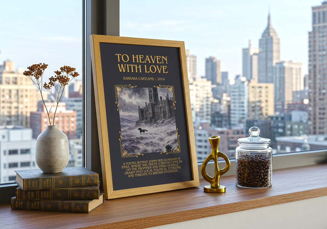To Heaven With Love Minimalist Book Poster by Barbara Cartland – framed print on a city-view windowsill