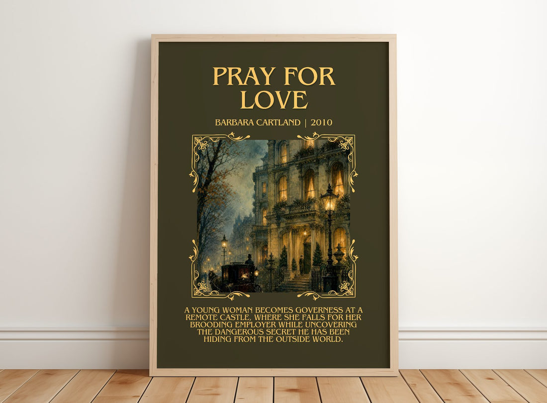 Pray For Love Minimalist Book Poster by Barbara Cartland – framed print leaning on a wooden floor