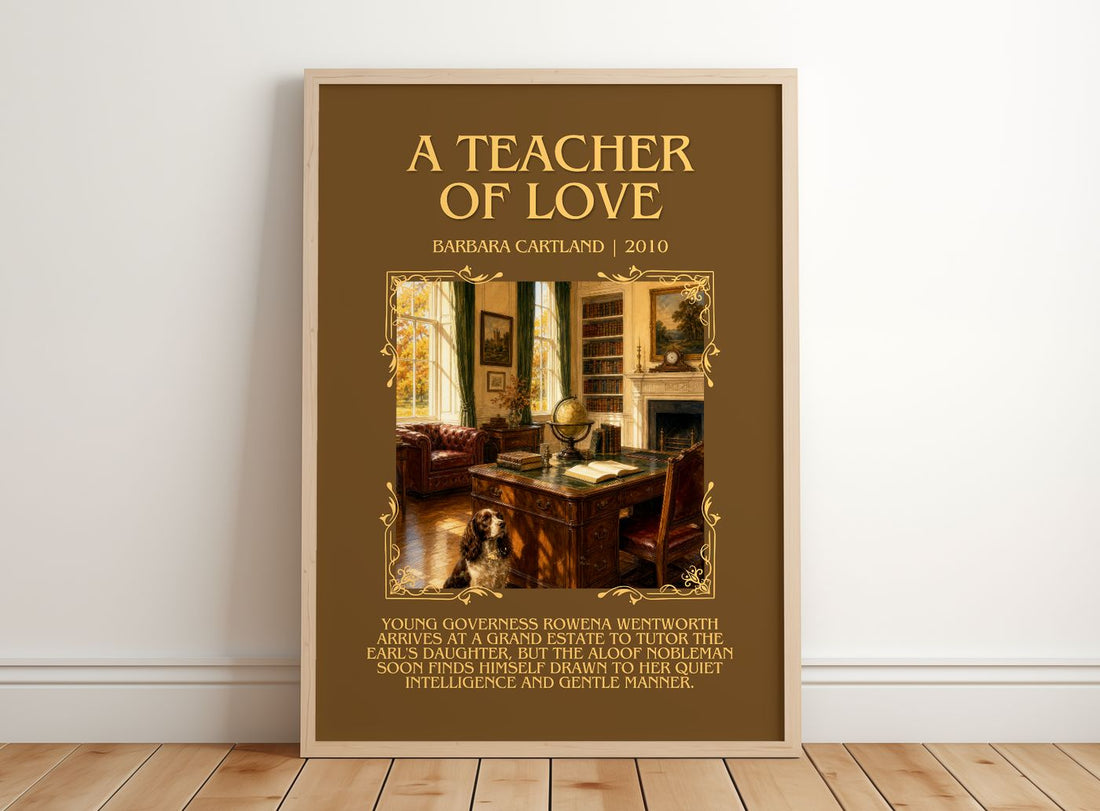 A Teacher Of Love Minimalist Book Poster by Barbara Cartland – framed print leaning on a wooden floor