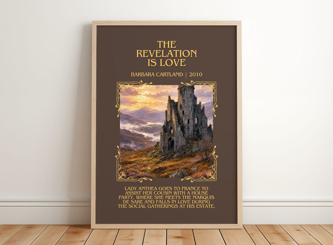The Revelation Is Love Minimalist Book Poster by Barbara Cartland – framed print leaning on a wooden floor