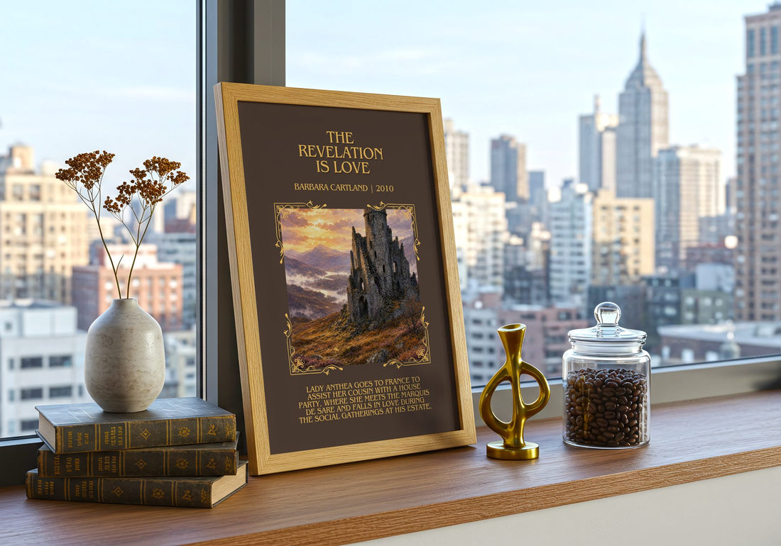 The Revelation Is Love Minimalist Book Poster by Barbara Cartland – framed print on a city-view windowsill