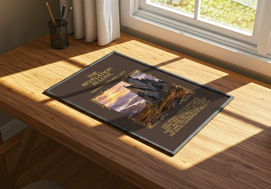 The Revelation Is Love Minimalist Book Poster by Barbara Cartland – print on a sunlit desk