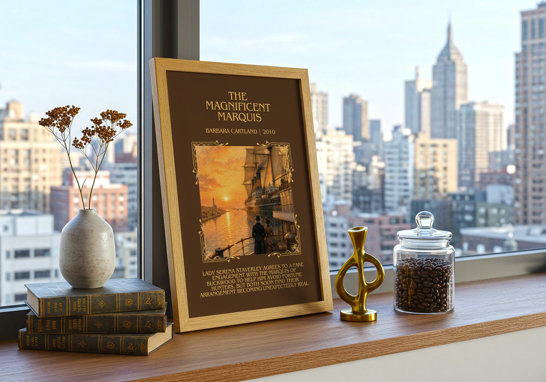 The Magnificent Marquis Minimalist Book Poster by Barbara Cartland – framed print on a city-view windowsill
