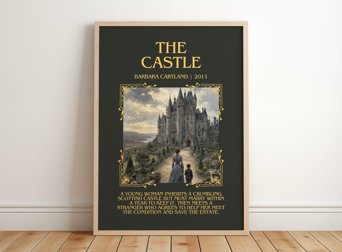 The Castle Minimalist Book Poster by Barbara Cartland – framed print leaning on a wooden floor
