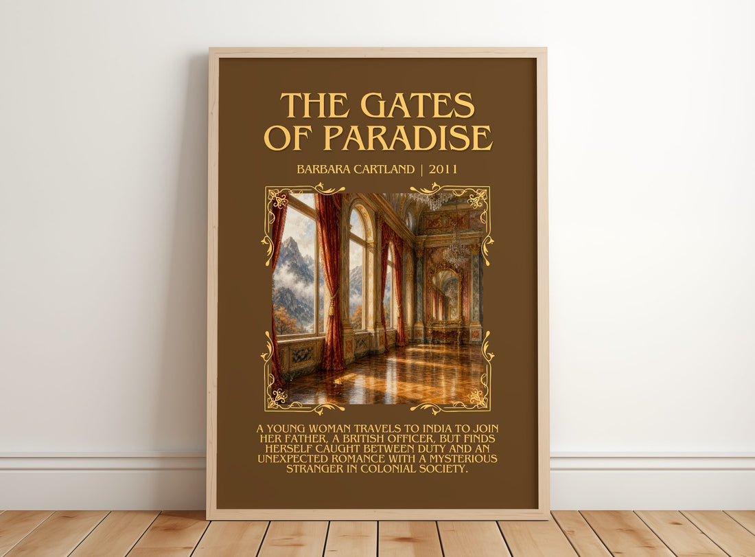 The Gates Of Paradise Minimalist Book Poster by Barbara Cartland – framed print leaning on a wooden floor