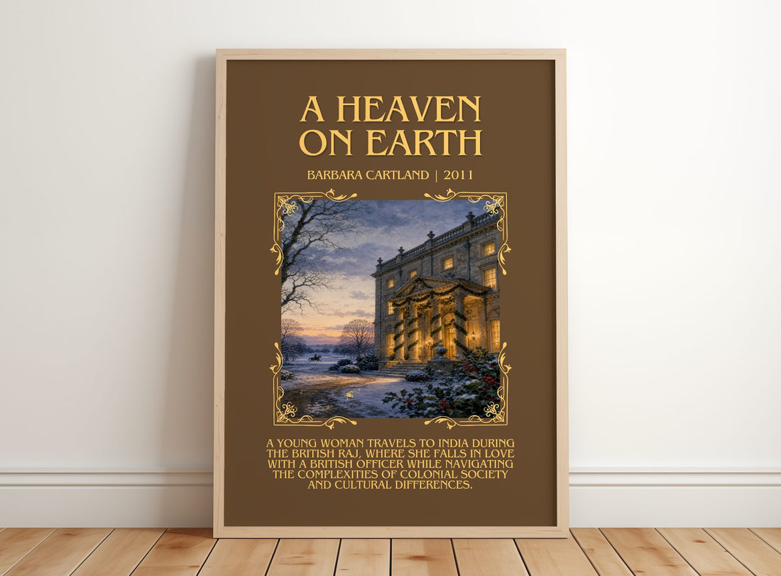 A Heaven On Earth Minimalist Book Poster by Barbara Cartland – framed print leaning on a wooden floor