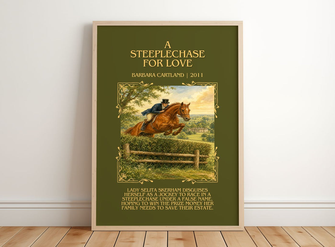 A Steeplechase For Love Minimalist Book Poster by Barbara Cartland – framed print leaning on a wooden floor