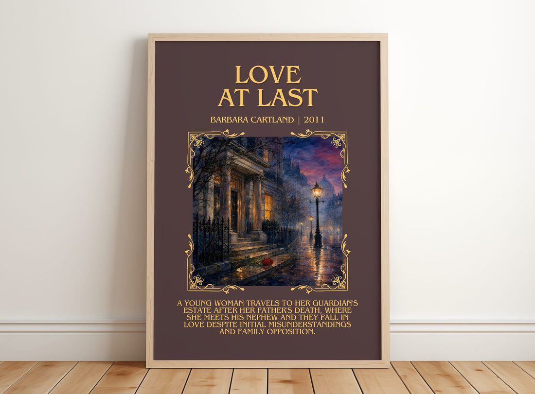 Love At Last Minimalist Book Poster by Barbara Cartland – framed print leaning on a wooden floor