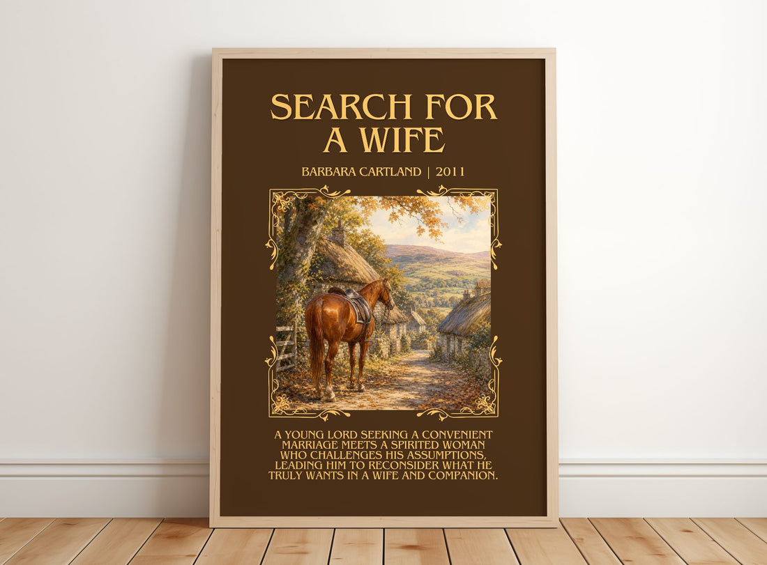 Search For A Wife Minimalist Book Poster by Barbara Cartland – framed print leaning on a wooden floor