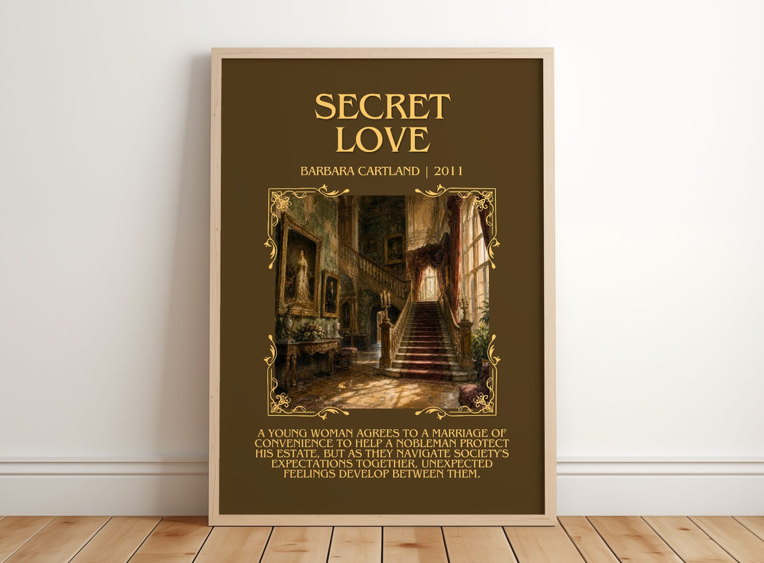 Secret Love Minimalist Book Poster by Barbara Cartland – framed print leaning on a wooden floor