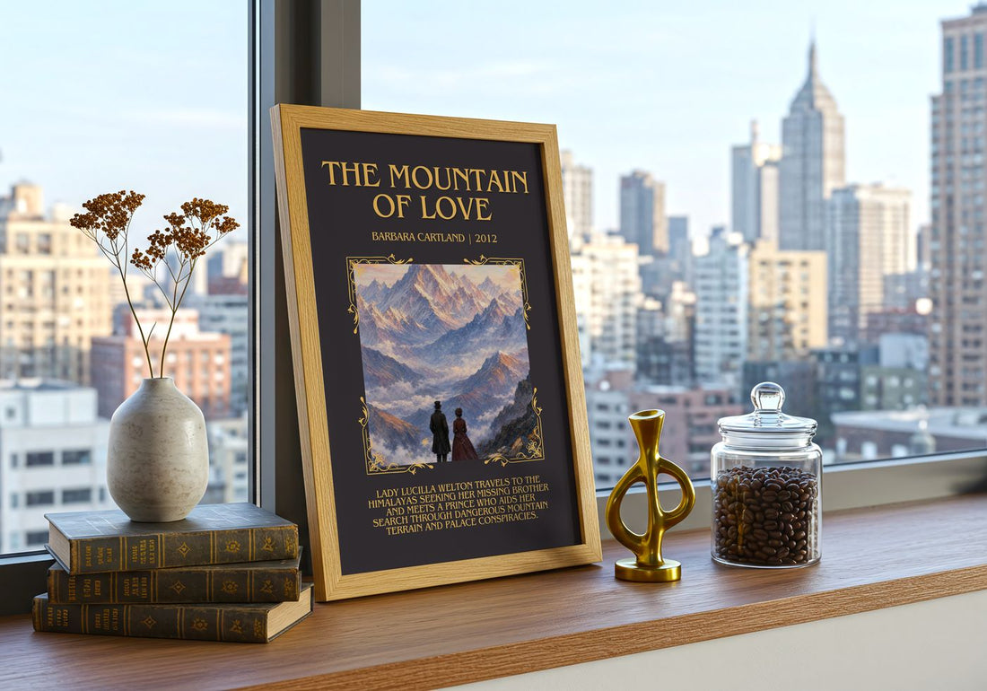 The Mountain Of Love Minimalist Book Poster by Barbara Cartland – framed print on a city-view windowsill