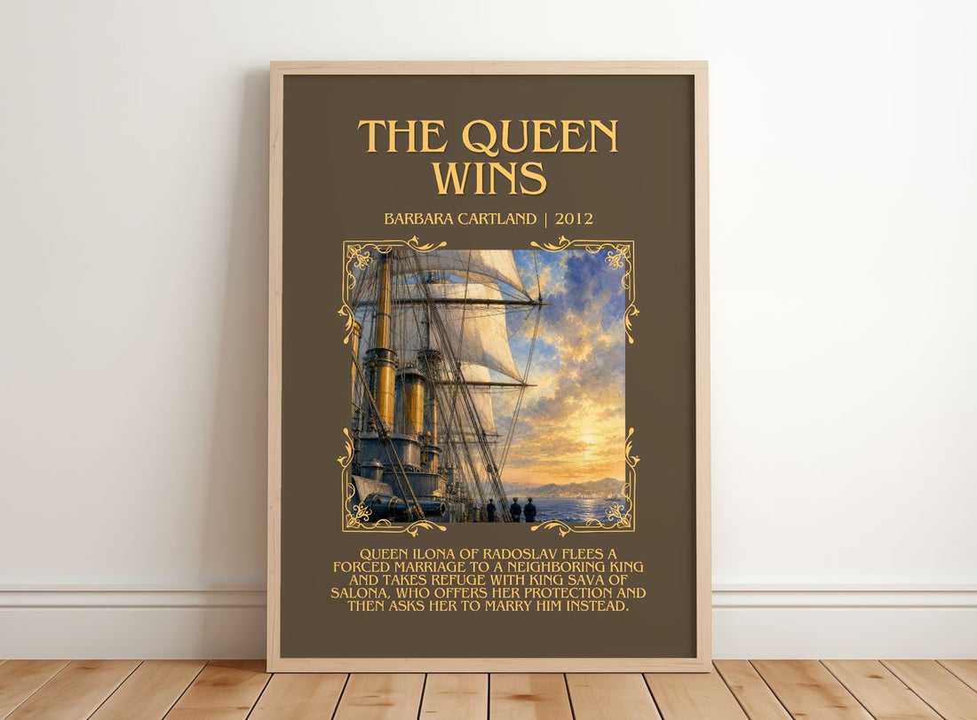 The Queen Wins Minimalist Book Poster by Barbara Cartland – framed print leaning on a wooden floor