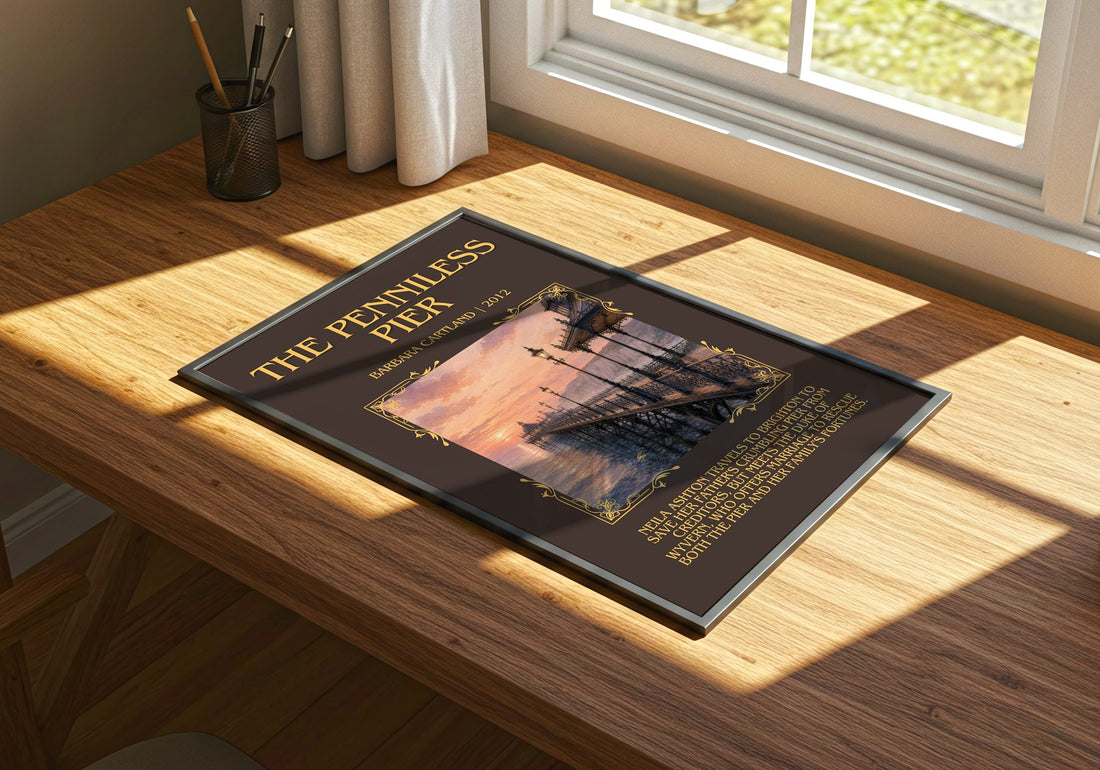 The Penniless Pier Minimalist Book Poster by Barbara Cartland – print on a sunlit desk