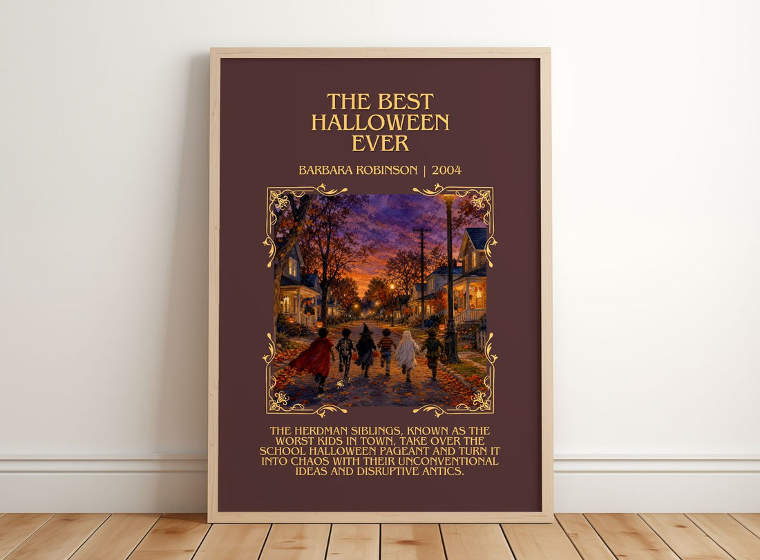 The Best Halloween Ever Minimalist Book Poster by Barbara Robinson – framed print leaning on a wooden floor