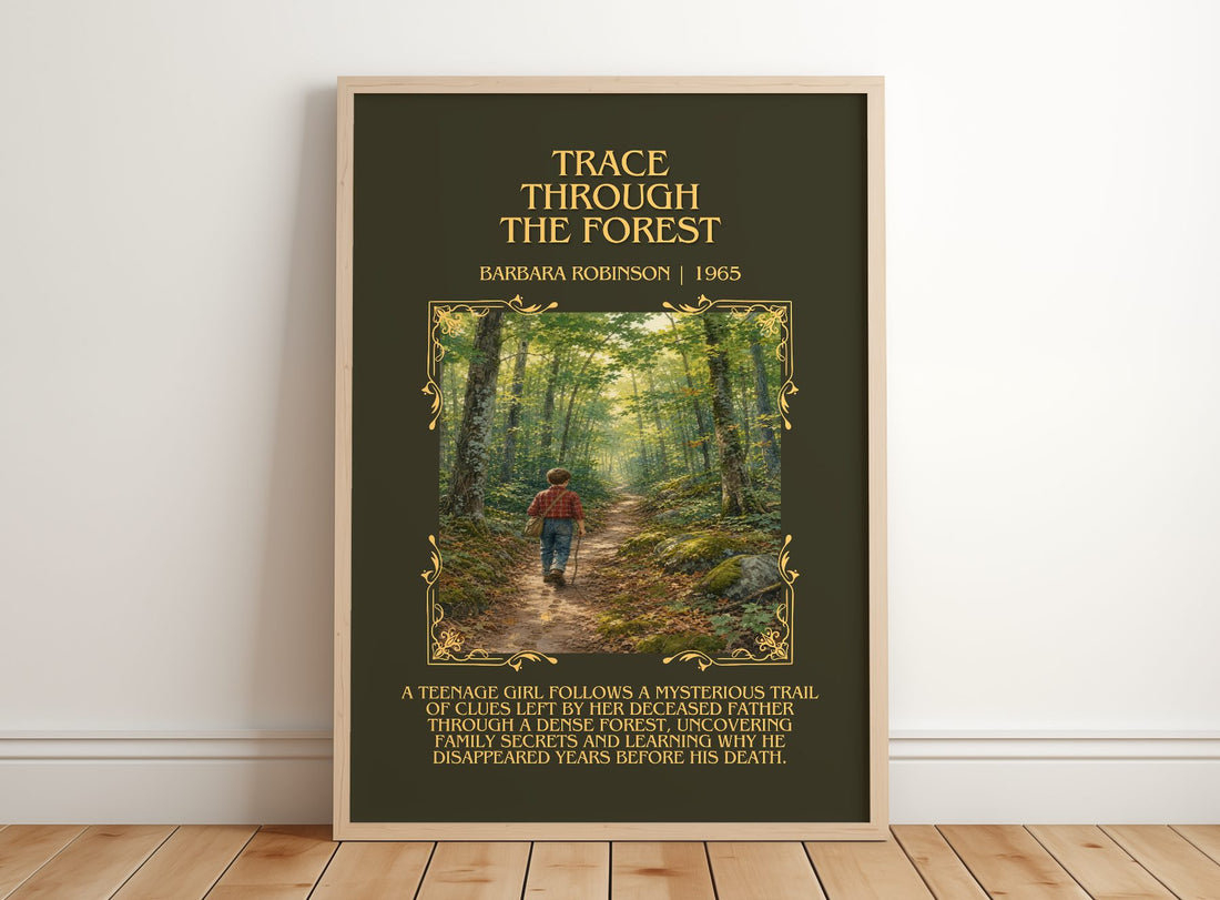 Trace Through The Forest Minimalist Book Poster by Barbara Robinson – framed print leaning on a wooden floor