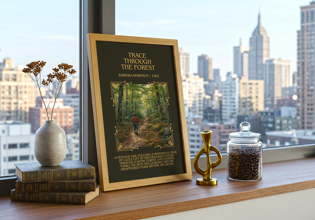 Trace Through The Forest Minimalist Book Poster by Barbara Robinson – framed print on a city-view windowsill
