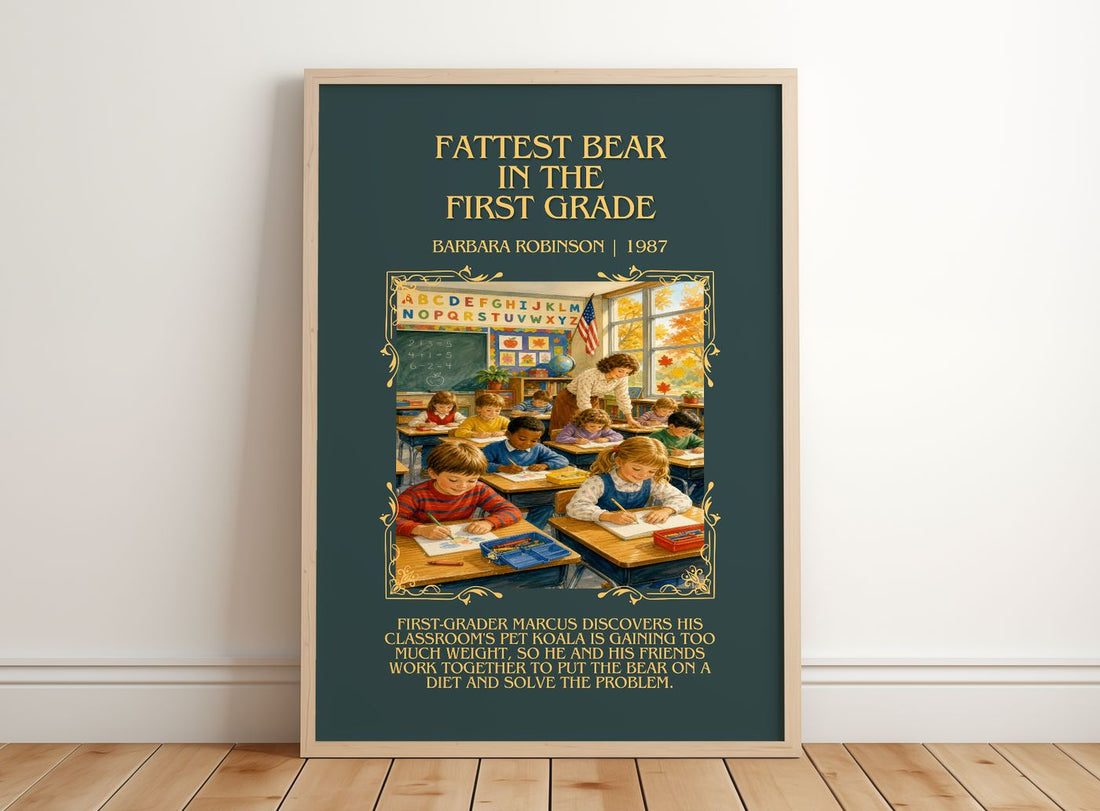 Fattest Bear In The First Grade Minimalist Book Poster by B. Robinson – framed print leaning on a wooden floor