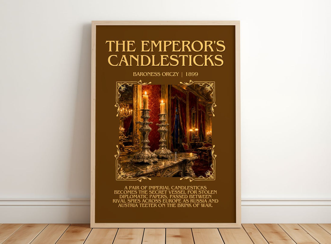 The Emperor'S Candlesticks Minimalist Book Poster by Baroness Orczy – framed print leaning on a wooden floor