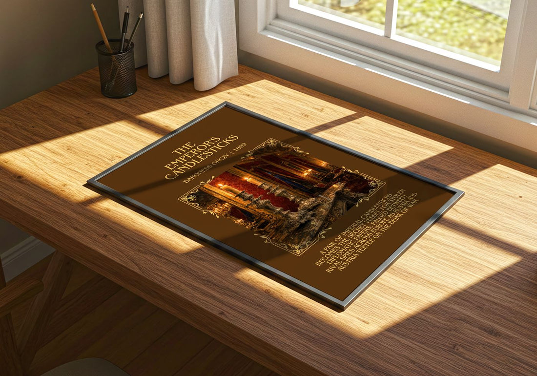 The Emperor'S Candlesticks Minimalist Book Poster by Baroness Orczy – print on a sunlit desk