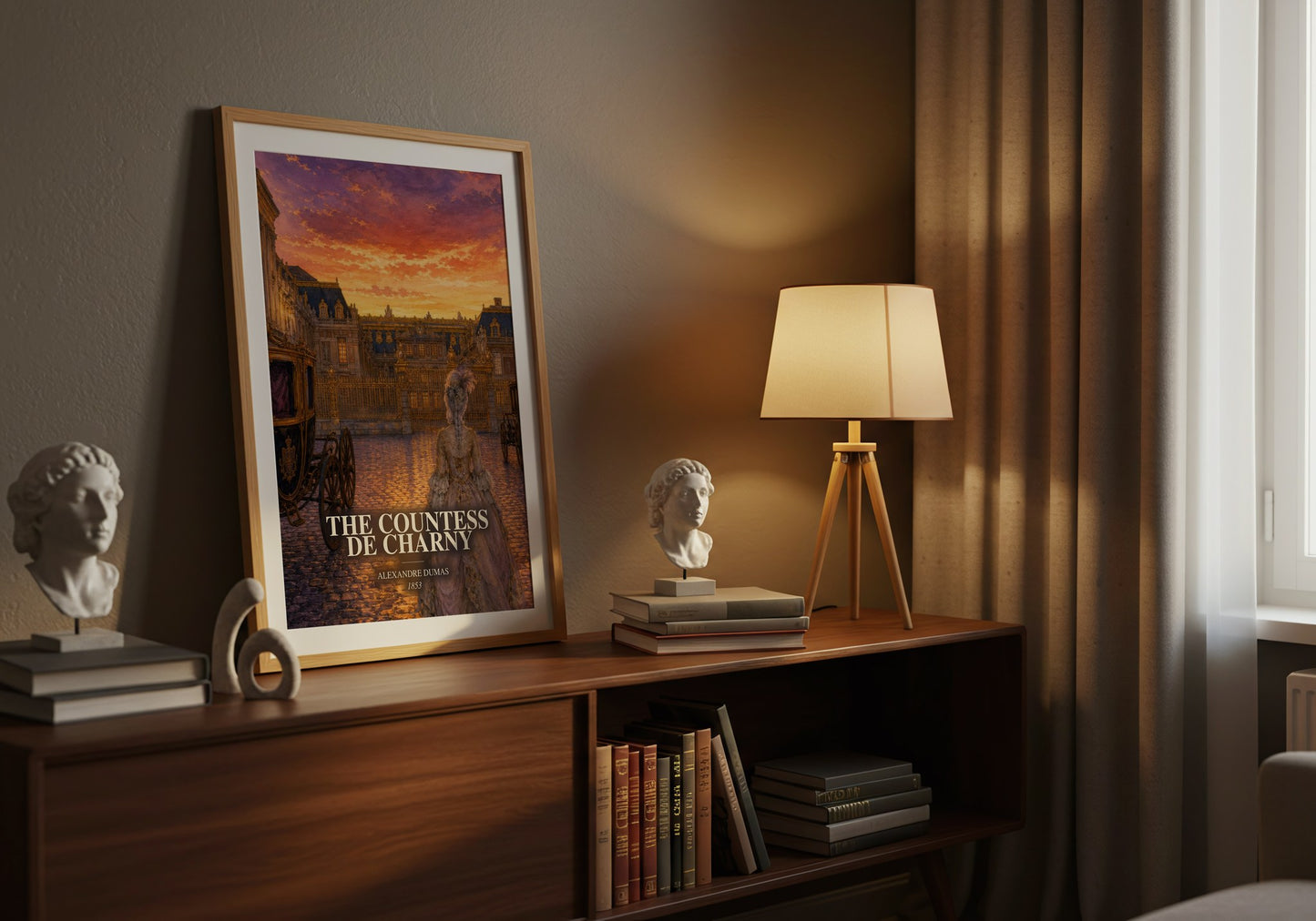 The Countess De Charny watercolour print on bookshelf – Alexandre Dumas fan gift