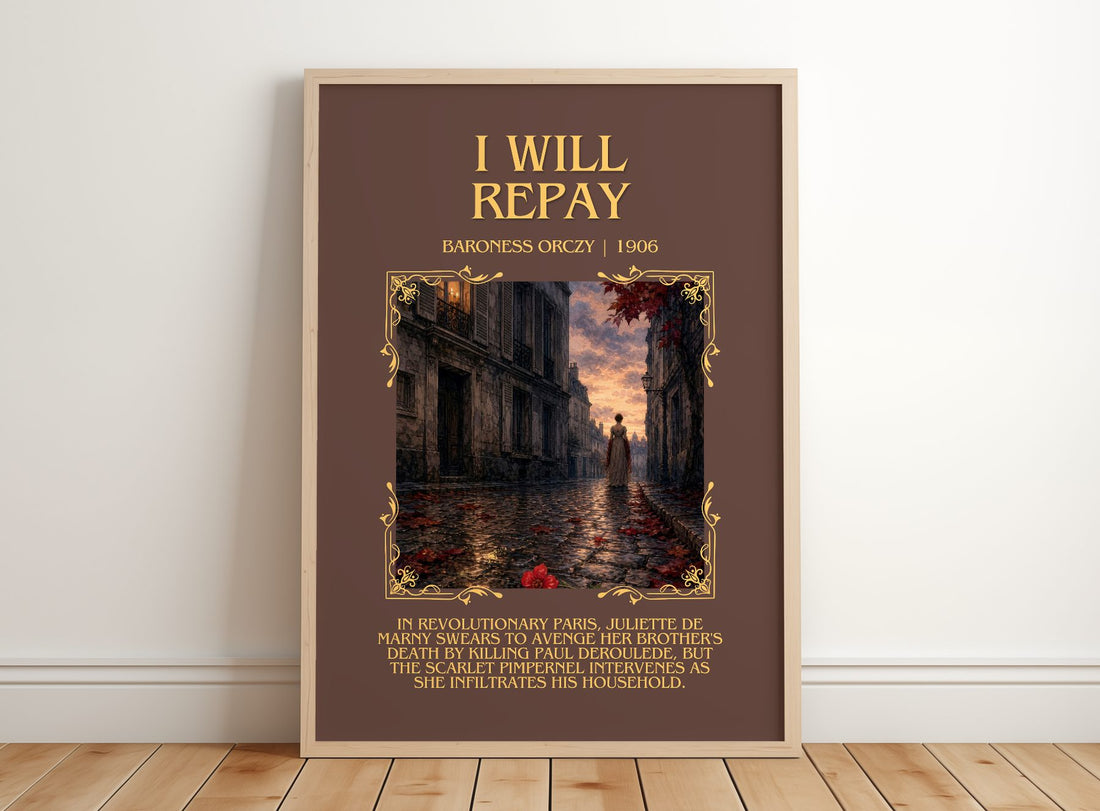 I Will Repay Minimalist Book Poster by Baroness Orczy – framed print leaning on a wooden floor