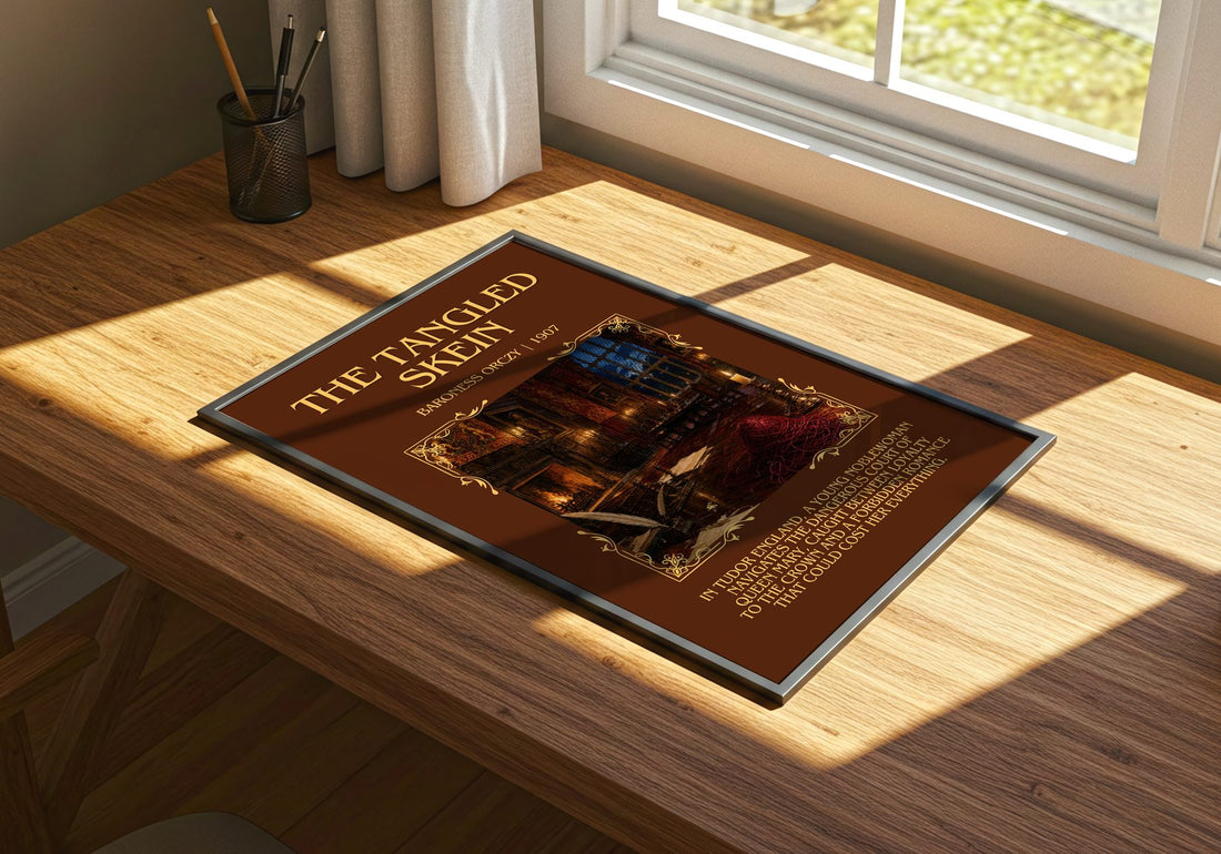 The Tangled Skein Minimalist Book Poster by Baroness Orczy – print on a sunlit desk