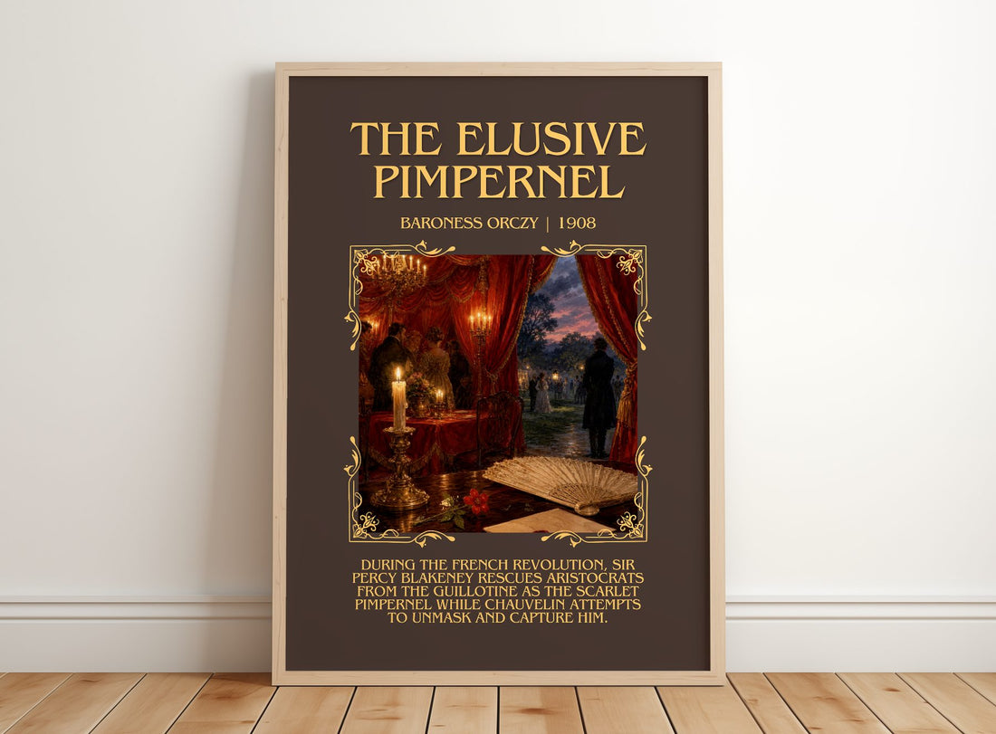 The Elusive Pimpernel Minimalist Book Poster by Baroness Orczy – framed print leaning on a wooden floor