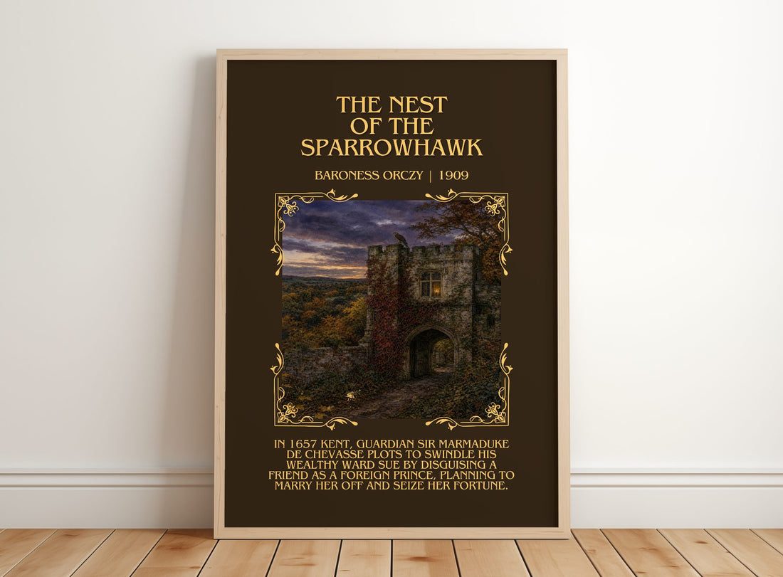 The Nest Of The Sparrowhawk Minimalist Book Poster by Baroness Orczy – framed print leaning on a wooden floor