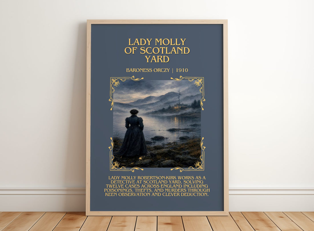 Lady Molly Of Scotland Yard Minimalist Book Poster by Baroness Orczy – framed print leaning on a wooden floor