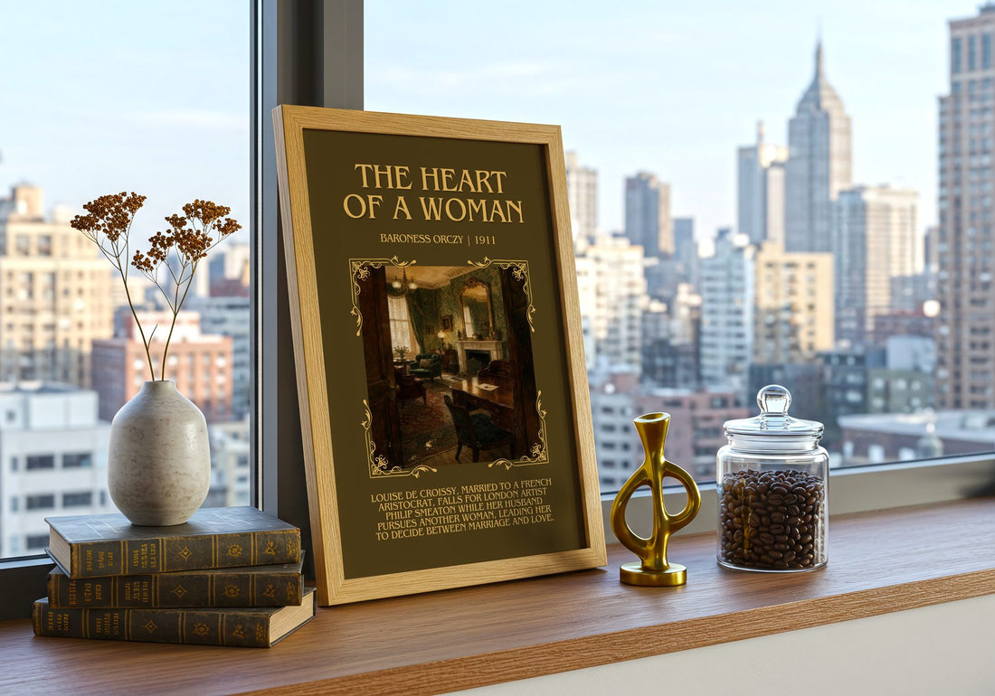 The Heart Of A Woman Minimalist Book Poster by Baroness Orczy – framed print on a city-view windowsill