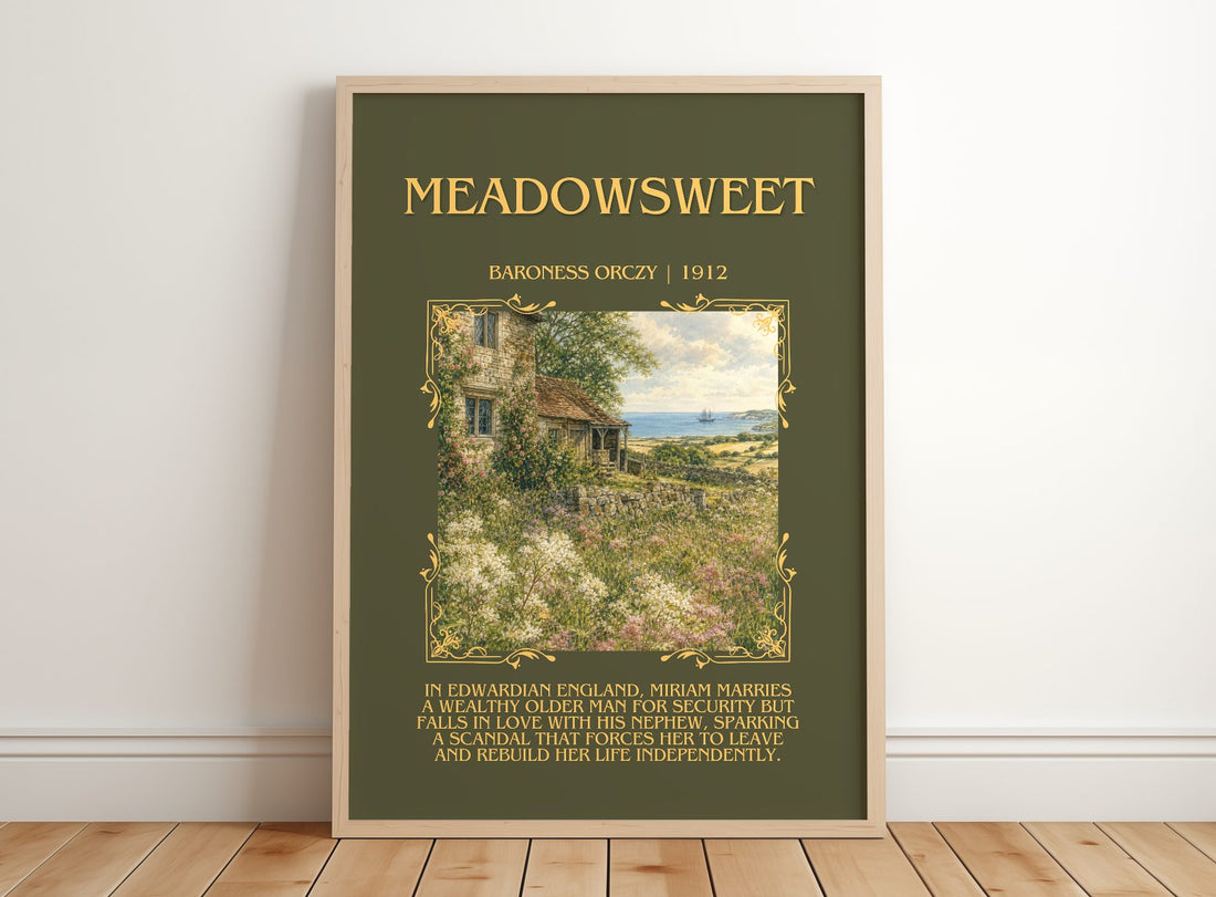 Meadowsweet Minimalist Book Poster by Baroness Orczy – framed print leaning on a wooden floor