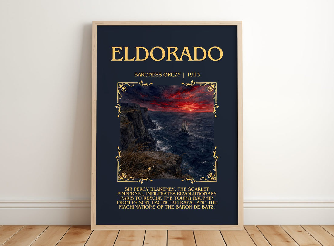 Eldorado Minimalist Book Poster by Baroness Orczy – framed print leaning on a wooden floor