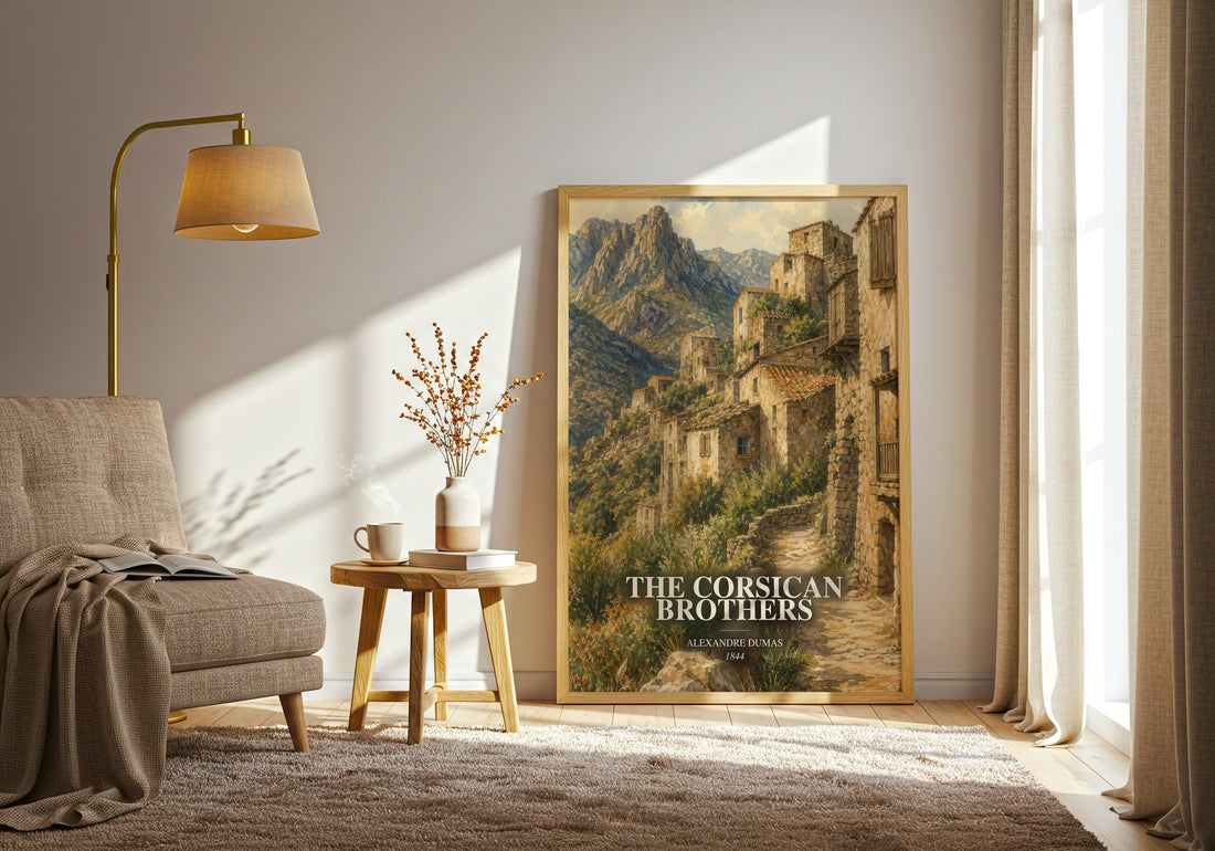 The Corsican Brothers watercolour print in frame leaning in hallway – adventure wall art (mockup)
