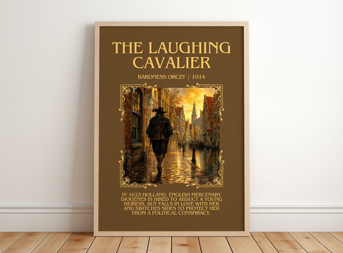 The Laughing Cavalier Minimalist Book Poster by Baroness Orczy – framed print leaning on a wooden floor