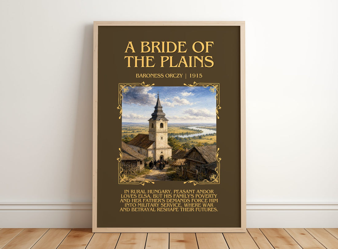 A Bride Of The Plains Minimalist Book Poster by Baroness Orczy – framed print leaning on a wooden floor