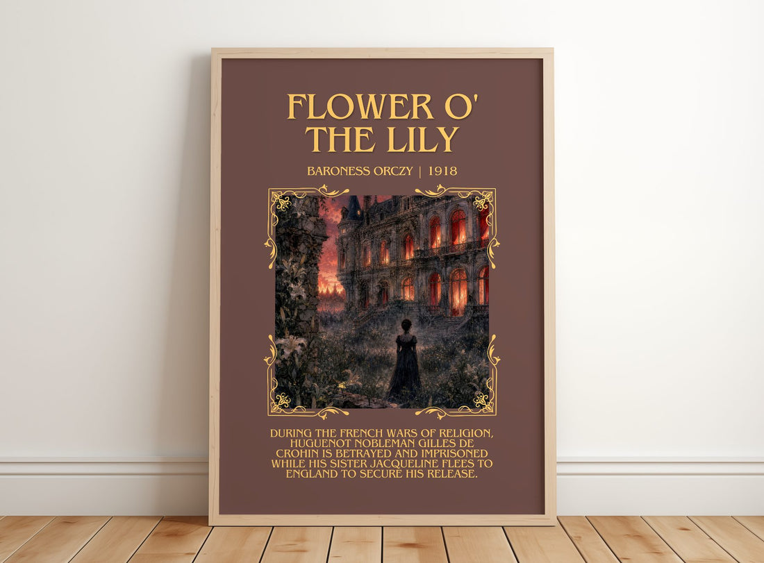 Flower O' The Lily Minimalist Book Poster by Baroness Orczy – framed print leaning on a wooden floor