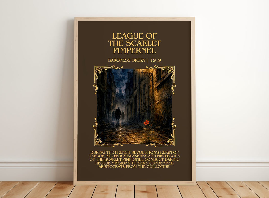 League Of The Scarlet Pimpernel Minimalist Book Poster by B. Orczy – framed print leaning on a wooden floor