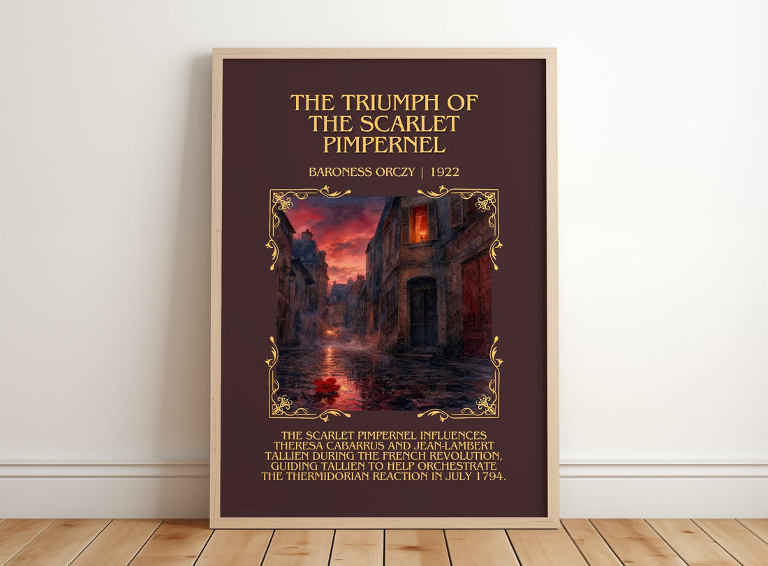 Triumph Of The Scarlet Pimpernel Minimalist Book Poster by B. Orczy – framed print leaning on a wooden floor