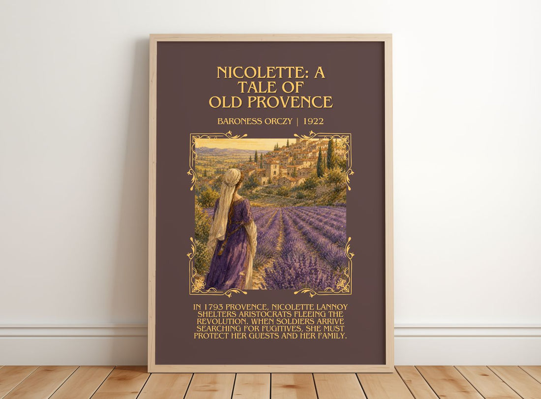 Nicolette: A Tale Of Old Provence Minimalist Book Poster by B. Orczy – framed print leaning on a wooden floor