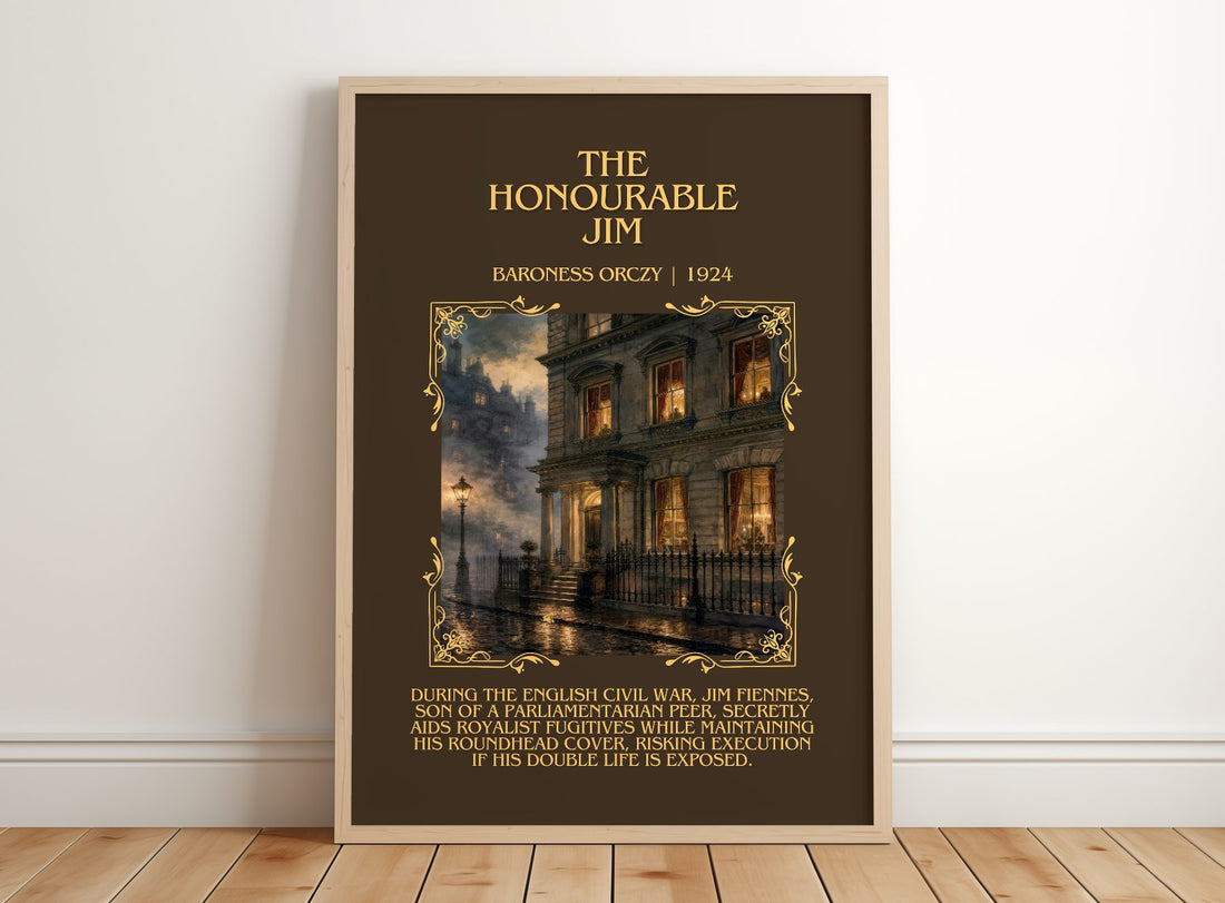 The Honourable Jim Minimalist Book Poster by Baroness Orczy – framed print leaning on a wooden floor