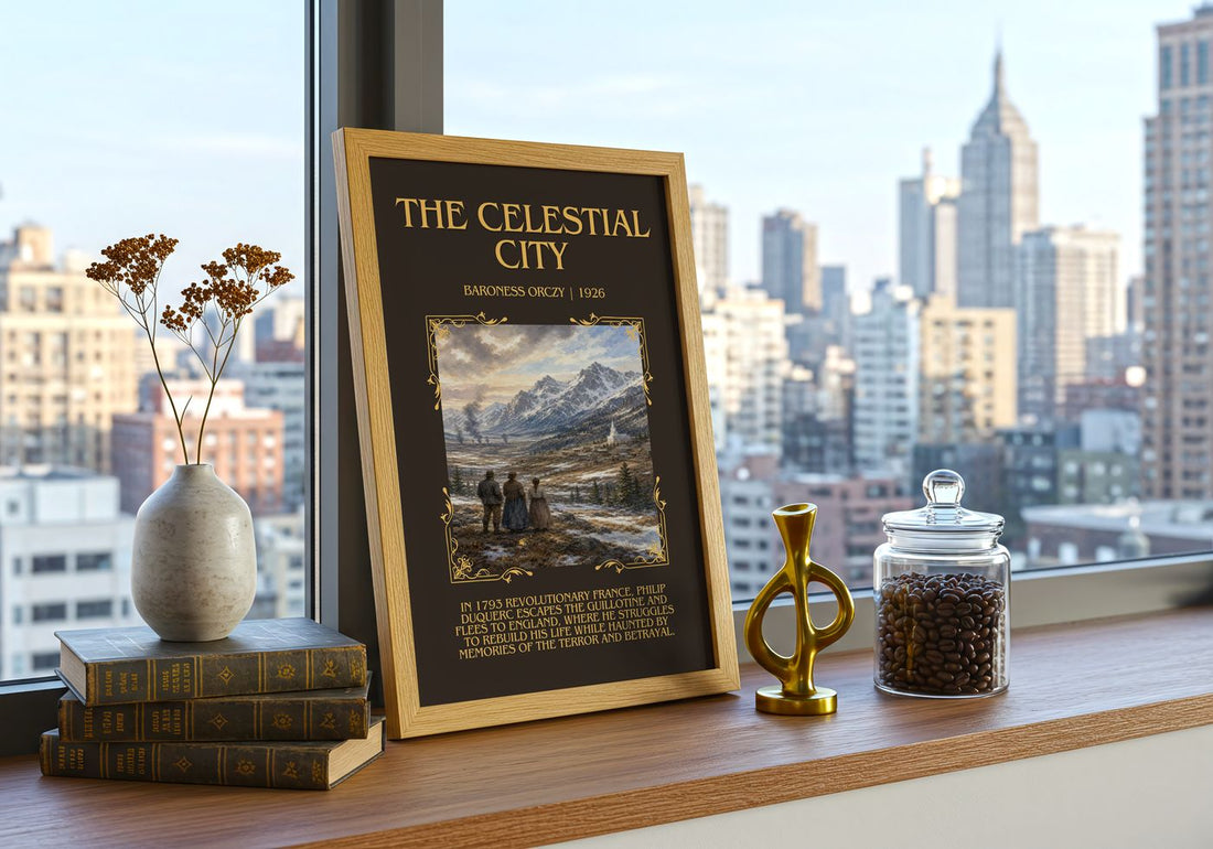 The Celestial City Minimalist Book Poster by Baroness Orczy – framed print on a city-view windowsill