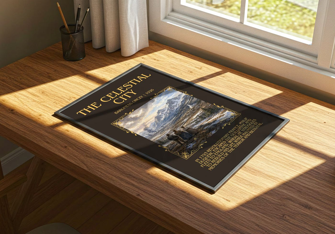 The Celestial City Minimalist Book Poster by Baroness Orczy – print on a sunlit desk