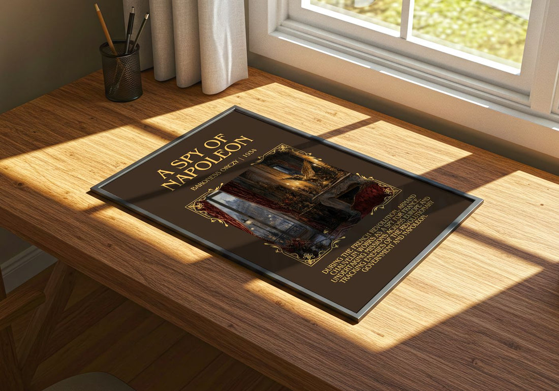 A Spy Of Napoleon Minimalist Book Poster by Baroness Orczy – print on a sunlit desk