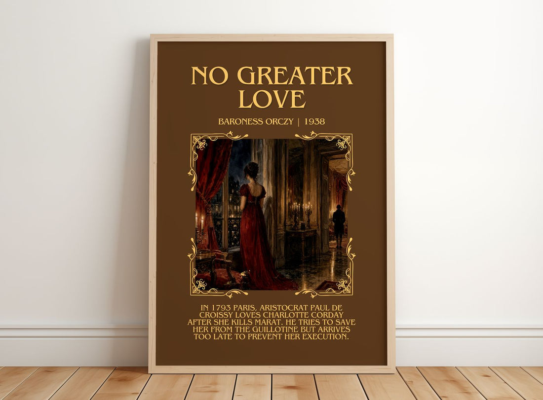 No Greater Love Minimalist Book Poster by Baroness Orczy – framed print leaning on a wooden floor